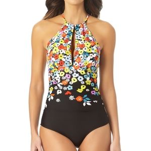 Anne Cole Flower Field High Neck Ruffle Straps One-Piece‎ Swimsuit Multicolor 16